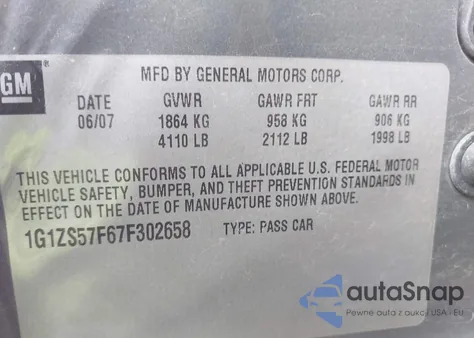 2007 Chevrolet Malibu Ls из США, поврежденный, VIN 1G1ZS57F67F302658